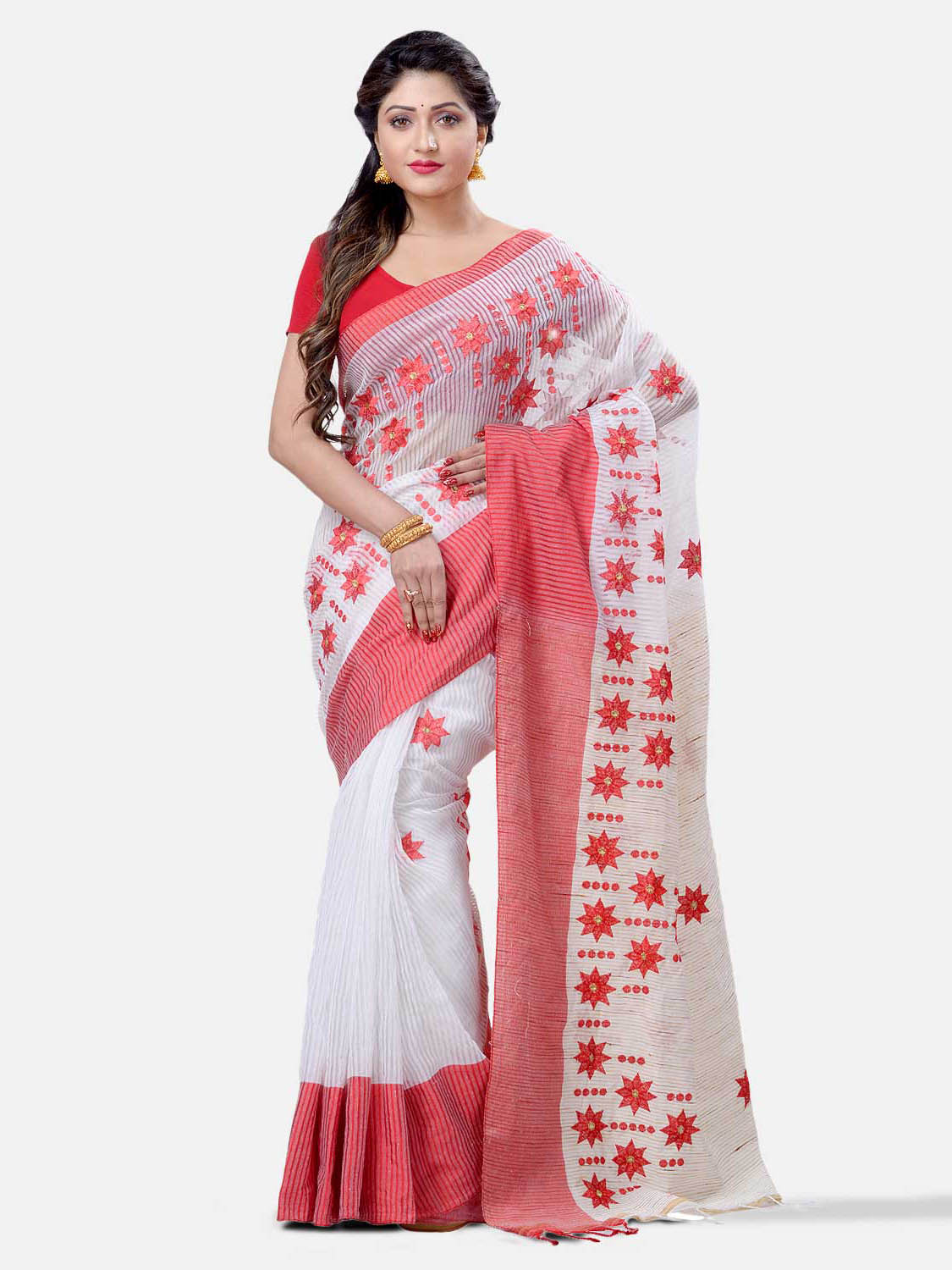 Traditional Bengali Cotton Handloom Khadi Star Tant Saree Of Bengal With Blouse Piece (Red White)   